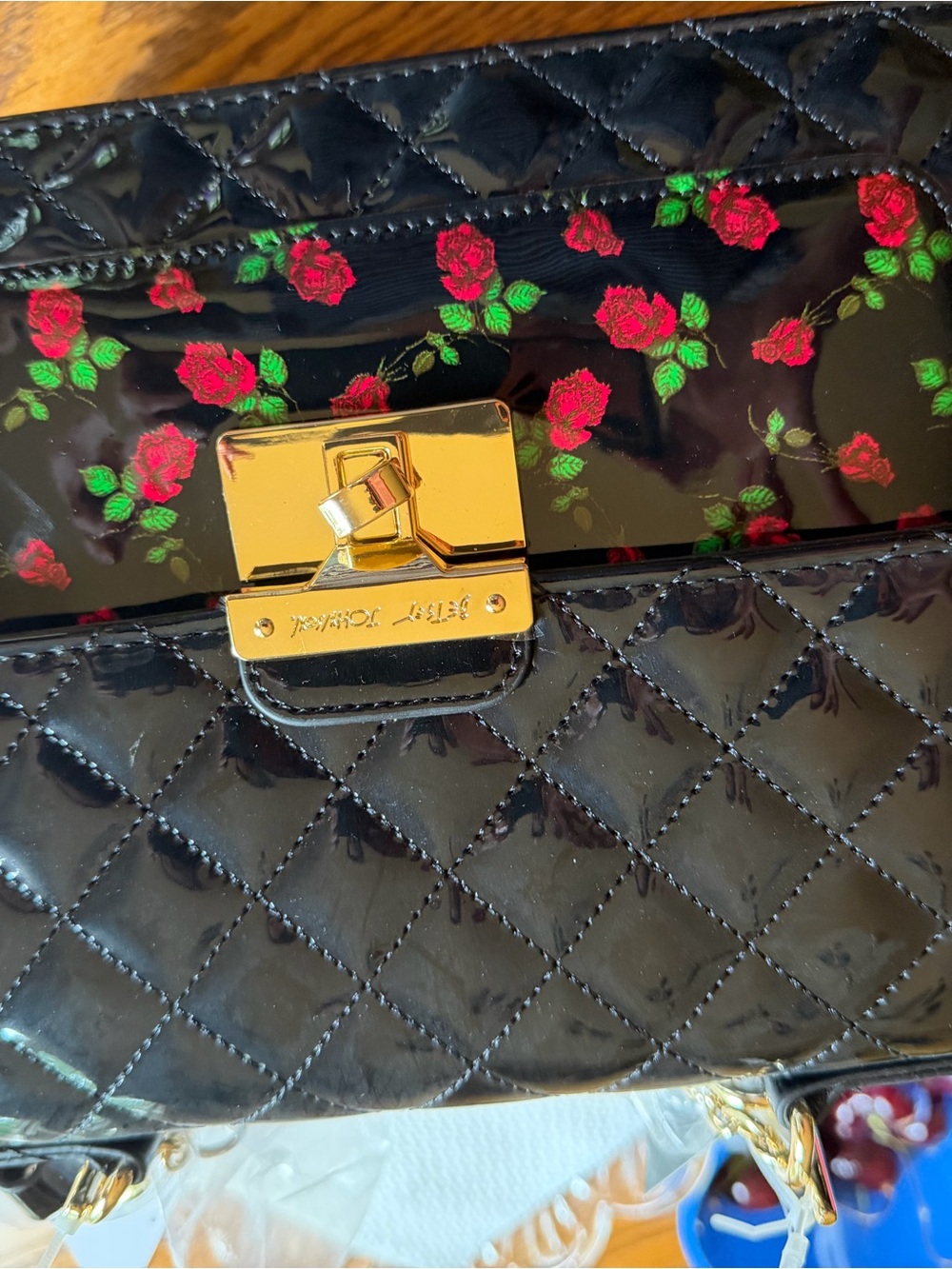 Betsey Johnson Black Quilted Crossbody with Red Rose Embroidery - Picture 4 of 5